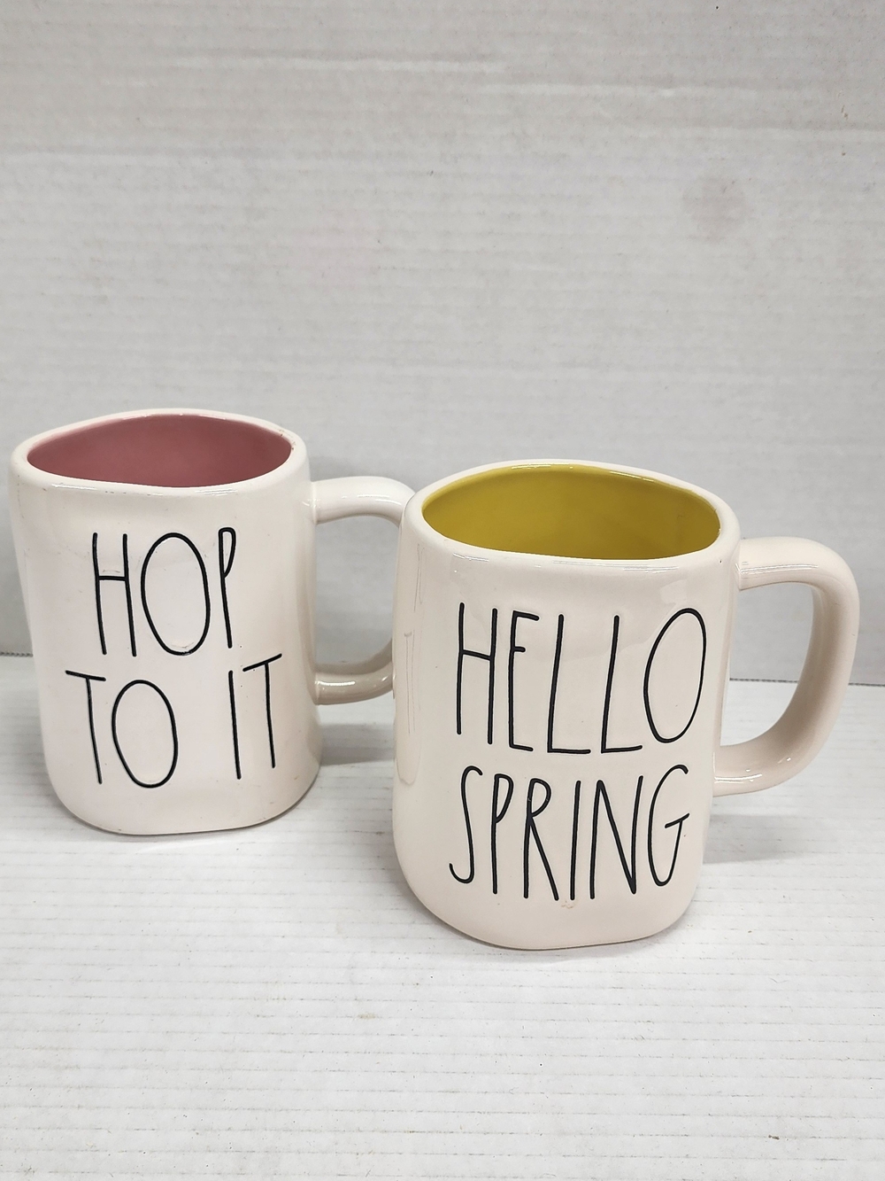 Set of 2 Rae Dunn Spring Easter 'Hello Spring' 'Hop To It' Yellow Pink Mugs